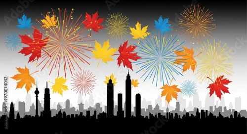 Vibrant fireworks explode above a city skyline with colorful autumn leaves floating gently in the air at dusk