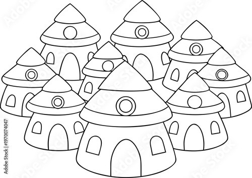 A peaceful town of huts rests under open skies, with thatched roofs and earthen walls. Smoke curls from chimneys as villagers gather, creating a warm, simple, and timeless rural life.
