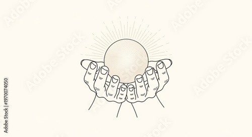 Hands holding a glowing orb with sunburst symbolizing hope and guidance in a minimalist line drawing