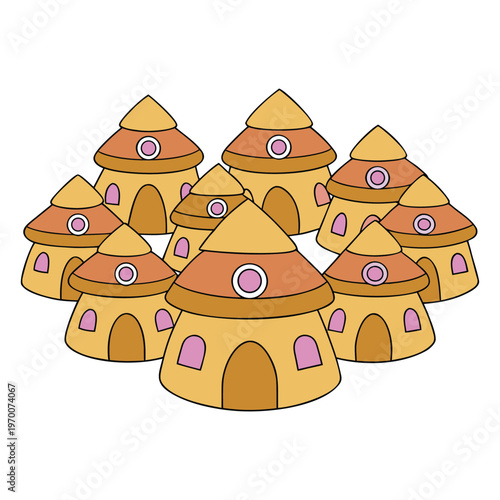 A peaceful town of huts rests under open skies, with thatched roofs and earthen walls. Smoke curls from chimneys as villagers gather, creating a warm, simple, and timeless rural life.
