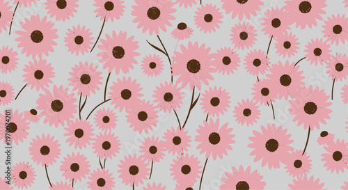 Pink daisy flowers with brown centers on a light gray background