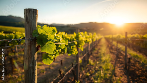 A lush, sun-drenched vineyard at golden hour