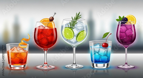 Assorted colorful cocktails with garnishes on a bar counter perfect for drink menu or advertisement