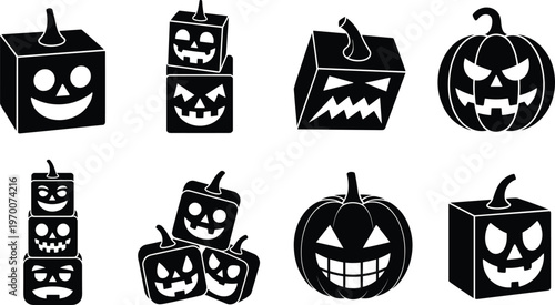 Black silhouette vector illustration set featuring various spooky Halloween jack o lantern pumpkins and cubic pumpkin heads for holiday party and autumn seasonal design