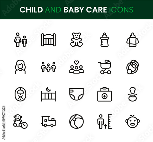 Child and Baby Care icon set. Child and Baby Care professional modern minimal unique line vector icon bundle including infant care icons, parenting tools, feeding elements, hygiene