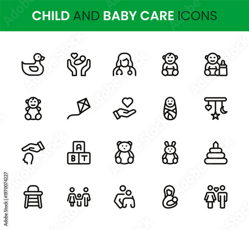 Child and Baby Care icon set. Child and Baby Care professional modern minimal unique line vector icon bundle crafted with baby care icons, parenting tools, feeding elements, hygiene