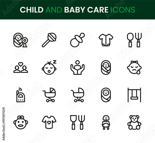 Child and Baby Care icon set. Child and Baby Care professional modern minimal unique line vector icon collection focused on baby care essentials, parenting symbols, feeding icons, hygiene