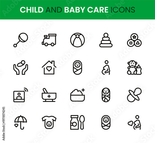 Child and Baby Care icon set. Child and Baby Care professional modern minimal unique line vector icon pack presenting infant care symbols, parenting essentials, feeding icons