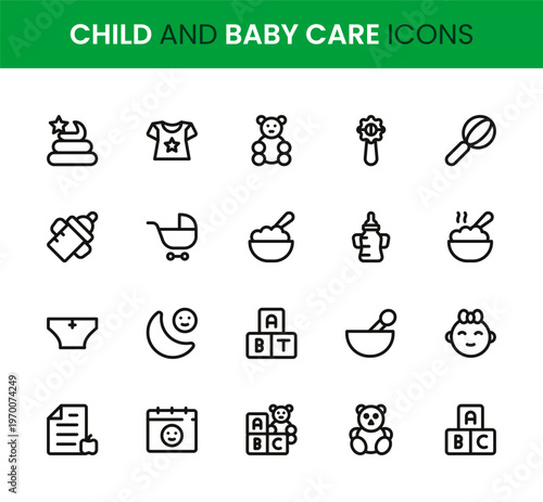 Child and Baby Care icon set. Child and Baby Care professional modern minimal unique line vector icon collection with newborn essentials, parenting symbols, feeding icons, hygiene
