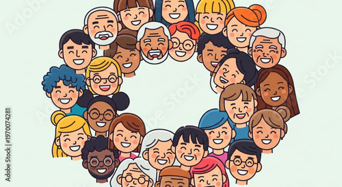 Diverse group of people forming a circle with smiling faces showcasing unity and friendship