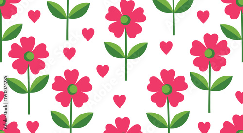 Pink flowers and hearts seamless pattern on white background green leaf stem