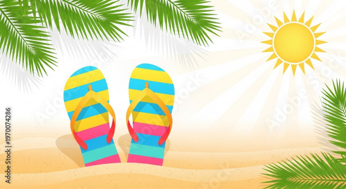 Colorful flip flops on sandy beach with palm trees and sunny summer background