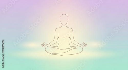 Person meditating in lotus position with glowing aura on pastel background