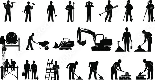 Construction Worker Silhouette Set with Excavator Concrete Mixer and Ladder for Building Industry Engineering Manual Labor and Site Development Projects