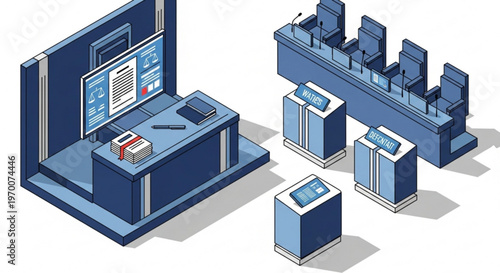 Isometric illustration of blue office cubicles and desks with computers and monitors in a modern workspace environment