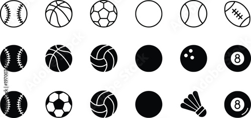Collection of various black and white sports ball icons arranged in rows