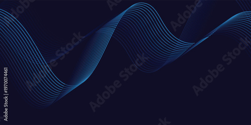 Abstract glowing wave lines on dark blue background with dynamic, flowing pattern. Ideal for futuristic technology designs and banners. vector curve background