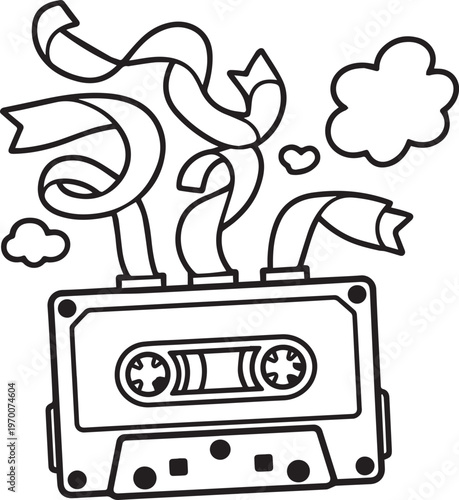 Retro cassette tape with streaming ribbons and clouds, vintage music player, nostalgic object, vector art