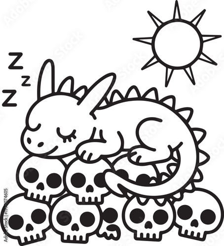 Sleeping dragon resting on pile of skulls under bright sun illustration for kids coloring book featuring cute mythical creature character