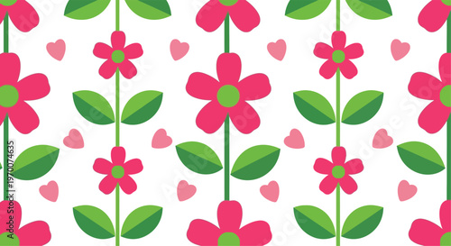 Seamless pattern of pink flowers green leaves and small pink hearts on white background floral