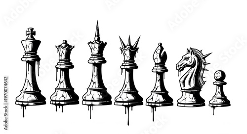 Urban Graffiti Chess Piece Vector Illustration Sheet in Black Ink Grunge Punk Street Art Style with Cracked Melting and Spiked Dripping Forms