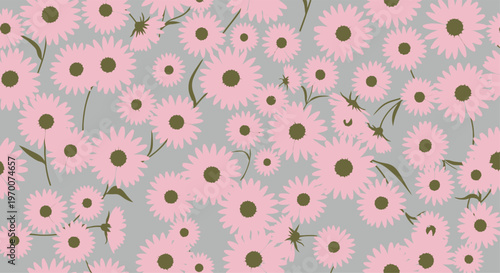 Seamless pattern of pink daisy flowers with dark centers on a gray background pink flowers floral pattern
