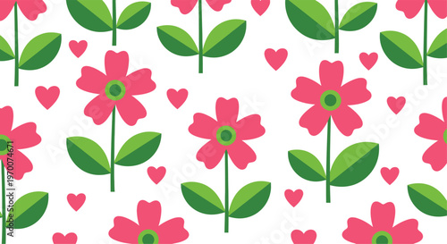 Seamless pattern of pink flowers with green leaves and small pink hearts on a white background floral