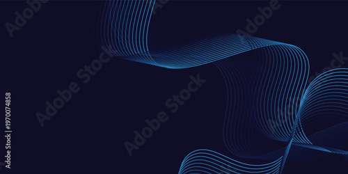 Abstract glowing wave lines on dark blue background with dynamic, flowing pattern. Ideal for futuristic technology designs and banners. vector curve background