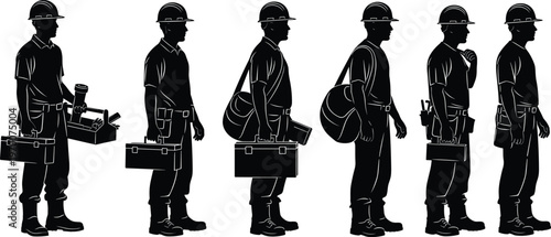 Construction worker silhouette set, professional builder group with toolboxes and equipment, industrial engineering staff, site contractor crew collection, architectural maintenance team