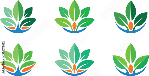Eco friendly leaf logos, green business icons, sustainable brand marks, vector lotus symbols