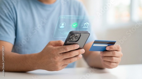 Featuring a man using his smartphone and credit card, this secure online banking transaction concept highlights fast, safe, and seamless mobile payment via a digital transfer mobile app.