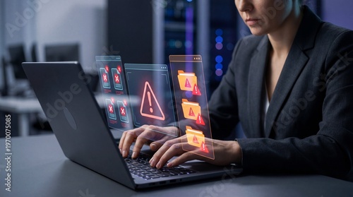 A person using a laptop with virtual warnings about a file breach, emphasizing data corruption and system vulnerabilities.