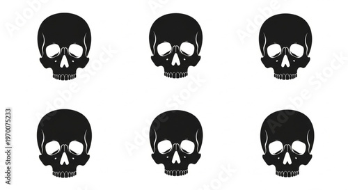 Set of six identical minimalist black skull graphic icons in a clean grid layout, symbolizing danger, mortality, and dark themes