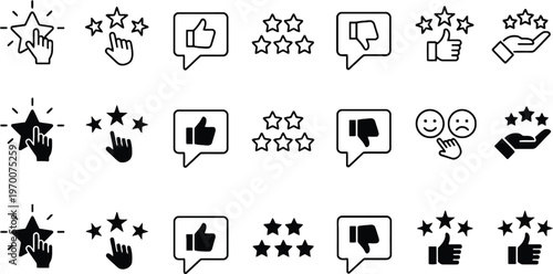 Collection of black and white icons representing ratings likes and stars