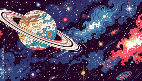 Deep Space Galaxy Background with Glowing Nebulas and Planets