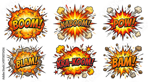 Collection of comic book style explosion sound effects with dynamic lettering and visual flair