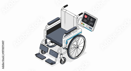 Modern Isometric Smart Wheelchair with Integrated Health Monitoring Tablet and Vital Signs Display for Advanced Patient Care and Medical Technology Illustration