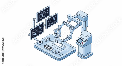 Robotic Surgery System Isometric Illustration - Advanced Medical Technology, Automated Surgical Arms, and Health Tech Innovation on White Background