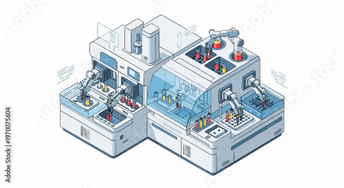 Automated Laboratory Diagnostic System with Robotic Arms for Clinical Blood Analysis Isometric Illustration