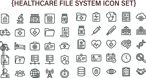 Healthcare file system outline icon set with medical records storage security patient documentation symbols for hospital apps dashboards interfaces