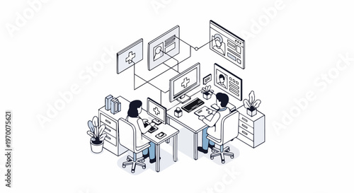 Isometric Illustration of Telemedicine and Digital Health Records Management with Doctors Working on Computers
