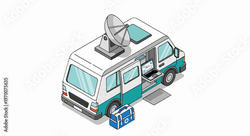 Isometric Mobile Telemedicine Van with Satellite Dish and Medical Equipment for Remote Healthcare and Emergency Response