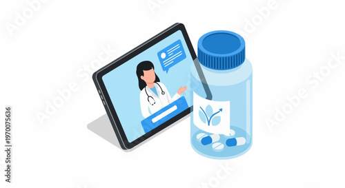 Telemedicine Online Consultation Concept with Female Doctor on Tablet and Pharmacy Medicine Bottle. Isometric 3D Vector Illustration for Digital Health and E-Pharmacy.
