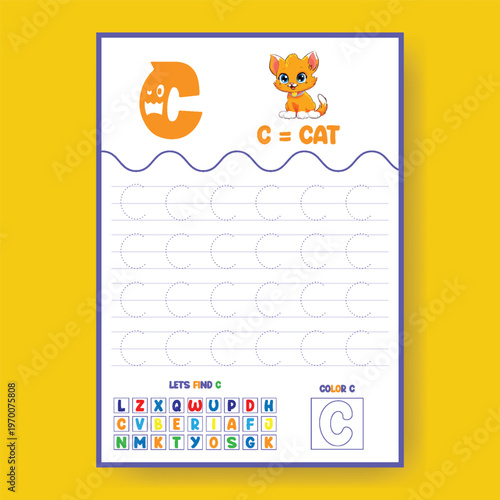 Cute letter c tracing worksheet for preschool and kindergarten kids learning alphabet tracing and handwriting practice activity sheet with cat