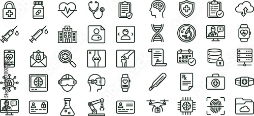 Healthcare technology outline icon set with medical monitoring diagnostics security patient data symbols for hospital apps dashboards interfaces