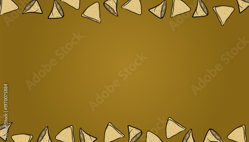 Samosa Pattern Design. Frame Indian Snack Illustration. Crispy Fried Pastry Motif. Handdrawn Street Food Style.