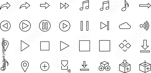 Collection of minimalist line icons representing media navigation and controls