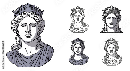 Sculpture Busts of a Woman Wearing a Crown, Featuring a Large Detailed Bust and Smaller Line Art Representations