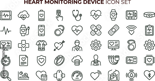 Heart monitoring device outline icon set with ECG wearable cardiology remote patient tracking symbols for healthcare apps dashboards interfaces