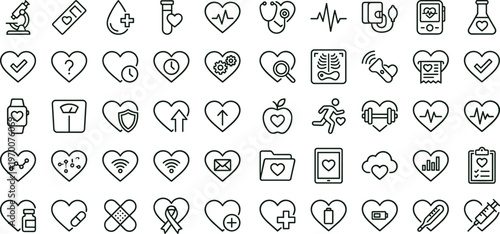 Heart health monitoring outline icon set with cardiology wellness tracking medical care symbols for healthcare apps dashboards interfaces